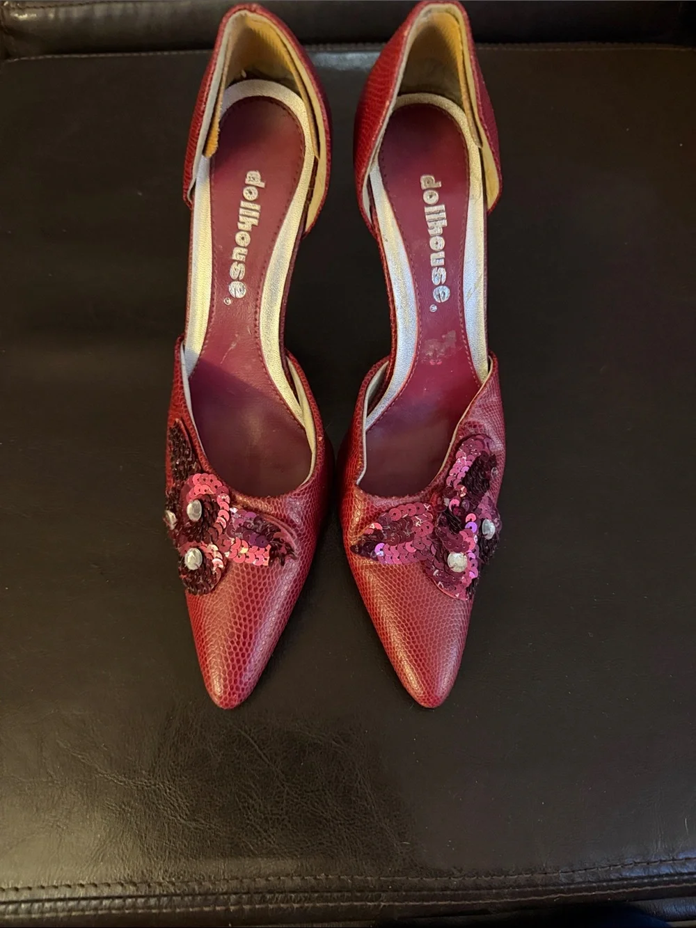 Dollhouse Burgundy Pointed Toe Sequin Embellished Heels